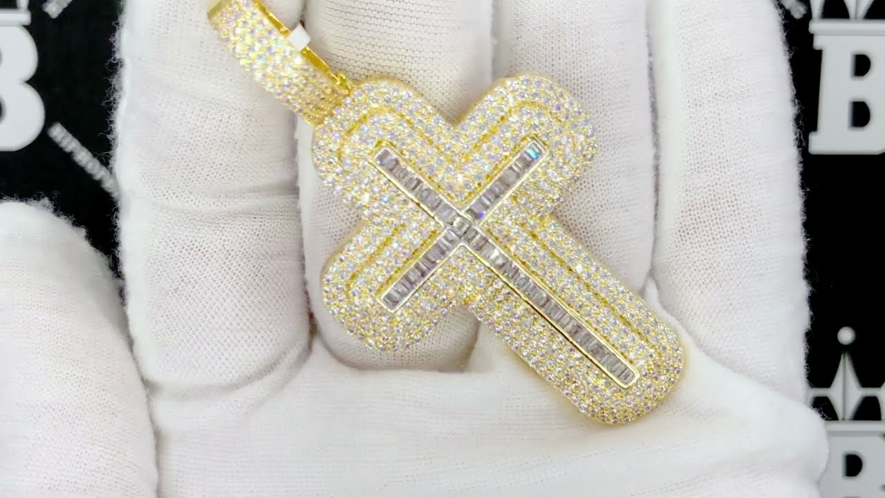 Iced Out Gold Rounded Layered Baguette Cross CZ Hip Hop Bling Pendant