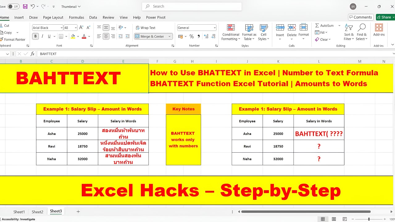 How To Use BAHTTEXT Function in Excel | Convert Numbers to Words (Thai Baht)