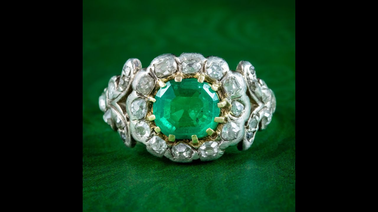 Antique Georgian Emerald Diamond Cluster Ring 1ct Emerald