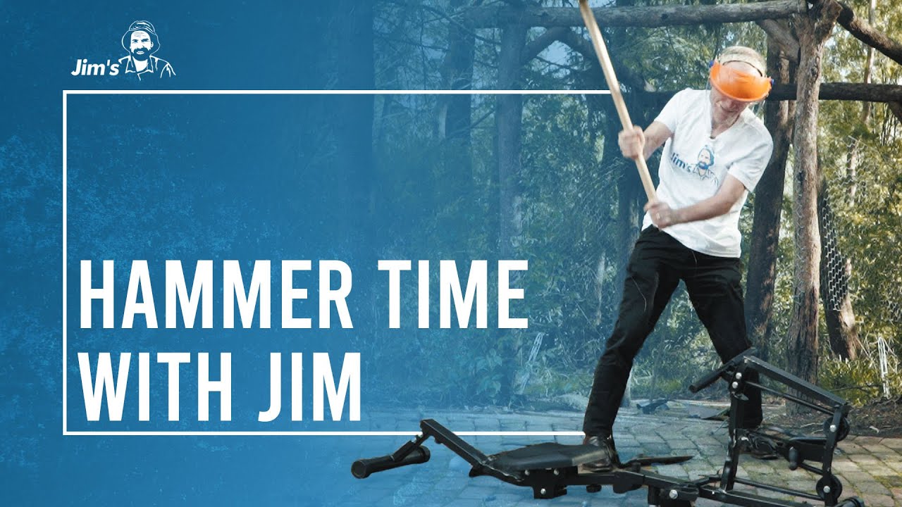 Hammer Time! Jim takes out his frustrations with a sledgehammer to get a workout from his rower.