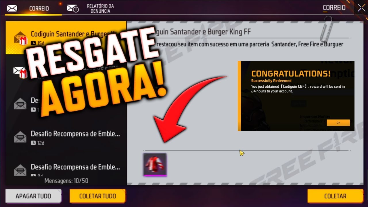 RESGATE AGORA!! CODIGUIN INFINITO, CODIGUIN PARA TODOS JAQUETA SANTANDER NO  FREE FIRE 