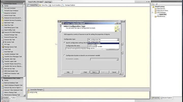 Storing SSIS Package Config in SQL Server using an Environment Variable and a .dtsconfig XML file.