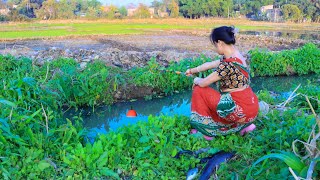 Fishing Video || Skilled cute lady fishing with a hook in a field canal || Hook fishing