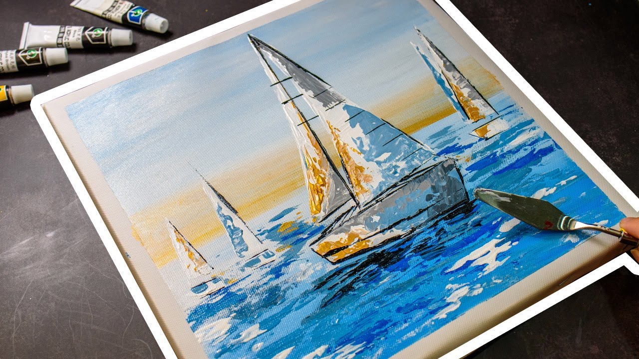 Abstract boat painting / Sailing boats acrylic tutorial / Palette knife