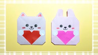 【折り紙1枚でできる】簡単 可愛い ハート ねこ うさぎ 折り方 ☆メッセージカード プレゼント バレンタイン 母の日 父の日☆ Origami Heart Cat Rabbit