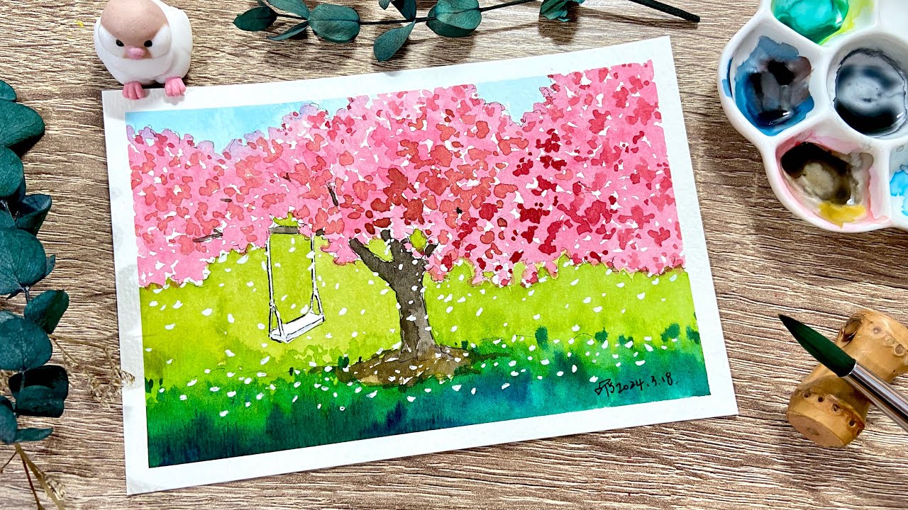 [朵麗手繪]Doris Drawing【櫻花樹下 (水彩明信片)】畫法示範 watercolor drawing - YouTube