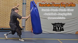 Nunchaku Heavy Bag Combo | Scratch → Punches → Elbow → Push Block → Jumping Kick → Downward Strike