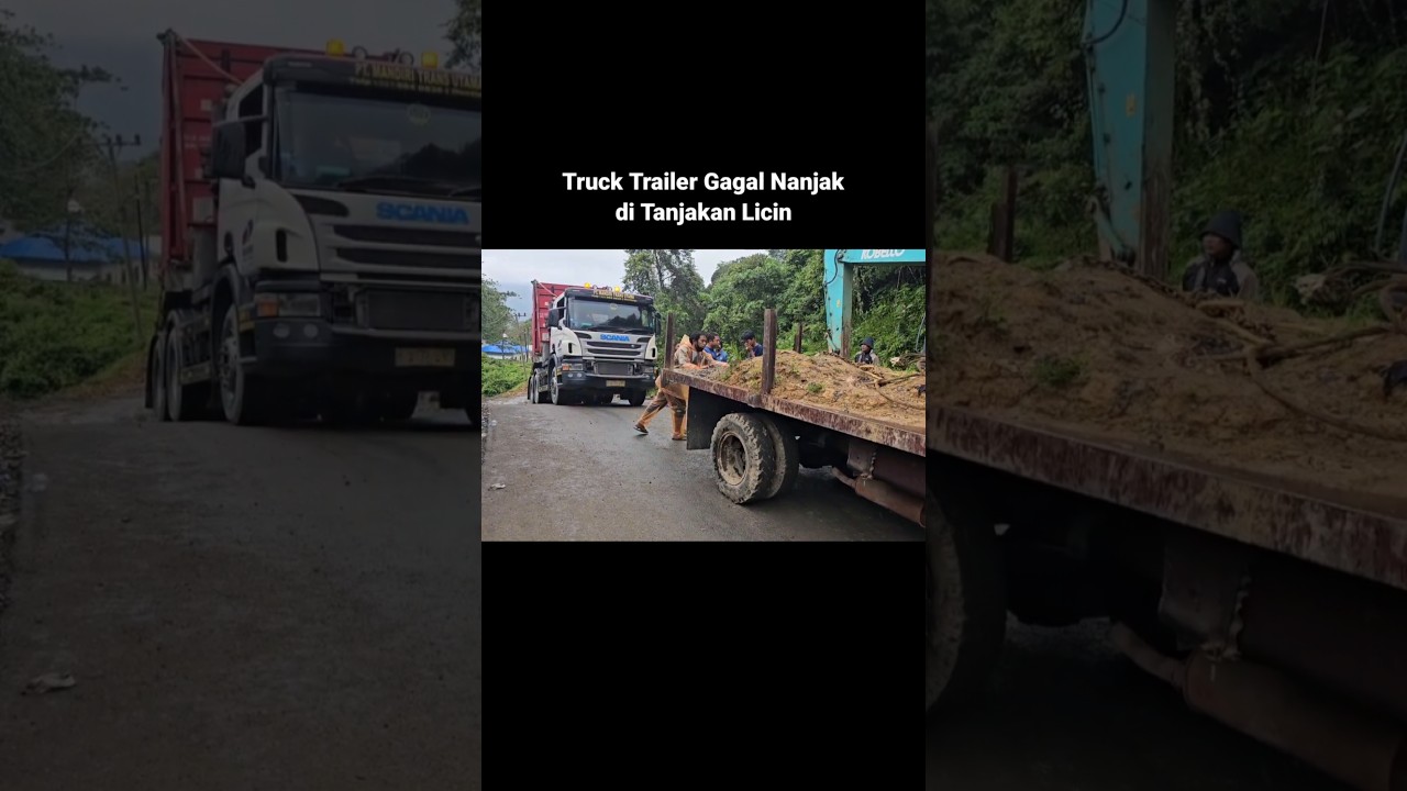 Truk Trailer Ditarik di Tanjakan Licin