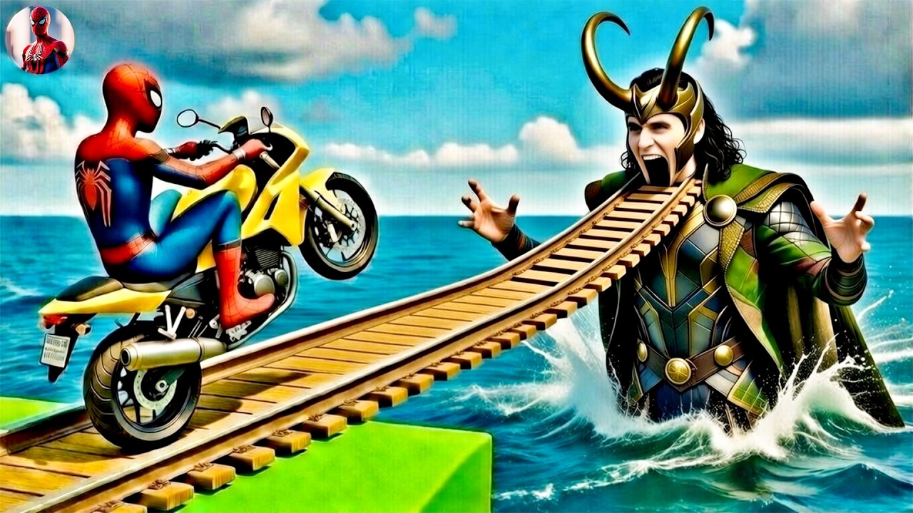 SPIDER MAN against LOKI on Motorcycle in RAINBOW SPIDERS BRIDGE - GTA MULTIVERSE???