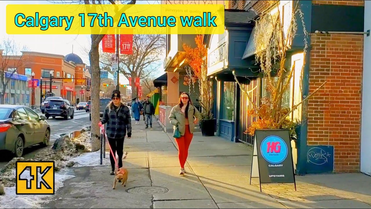 Calgary 17th Avenue Walk on Friday. Alberta, Canada. 4K. 