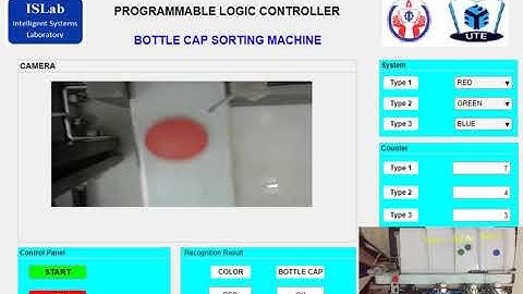 Bottle cap sorting(color and shape) machine using MATLAB + PLC OMRON