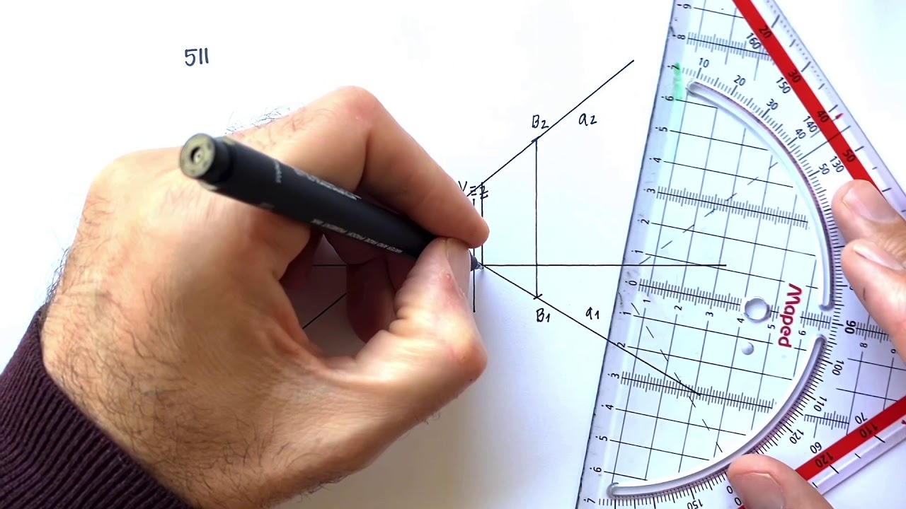511 - Determinação dos traços de um plano, quando está definido por uma reta de maior declive.