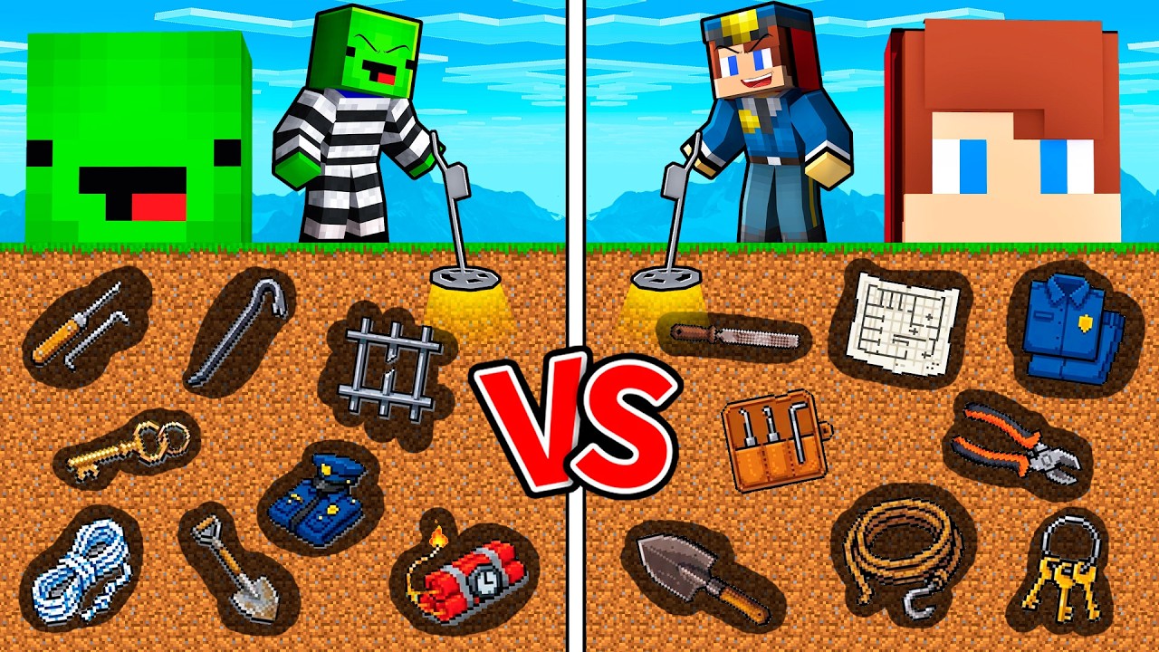 JJ and Mikey : CRIMINAL vs POLICE Metal Detector Mine Battle in Minecraft ! - Maizen