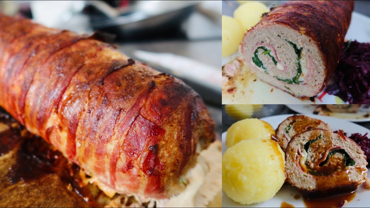 หมูอบ โรลเบคอน แฮม ชีส ผักโขม /meatloaf / Hackbraten mit Bacon schicken Käse und Spinat