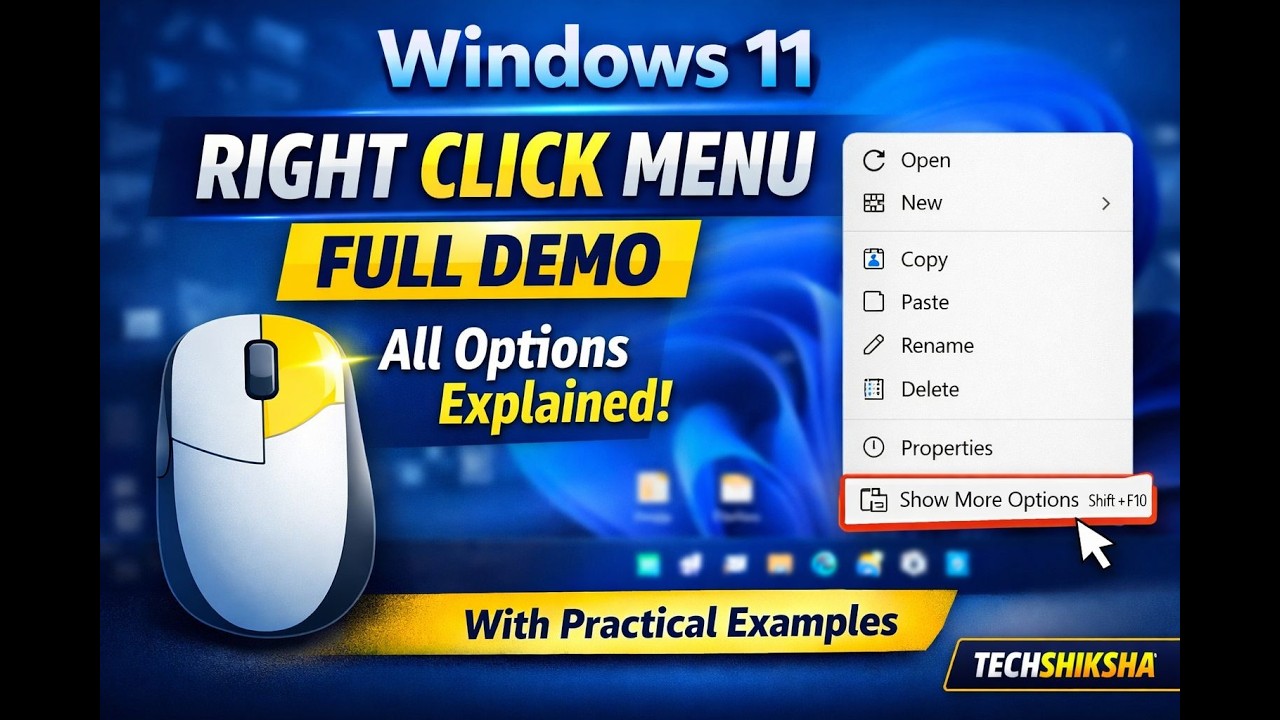Mouse Right Click ka Full Use Kaise Karein 🔥 | Windows 11 Complete Demonstration | TECHSHIKSHA