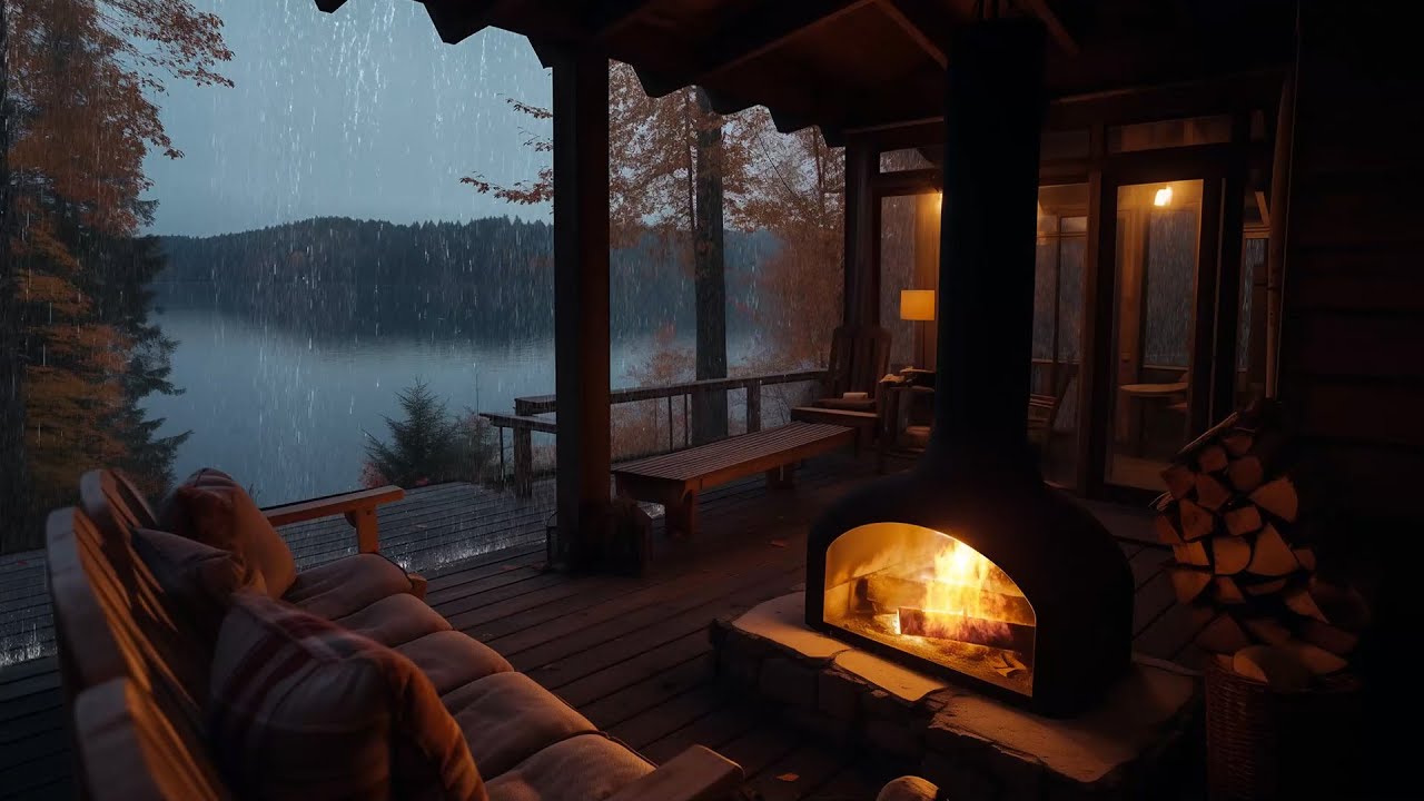 Rainy Evening by the Lake | Cabin Porch on Rainy Day with Cozy ...