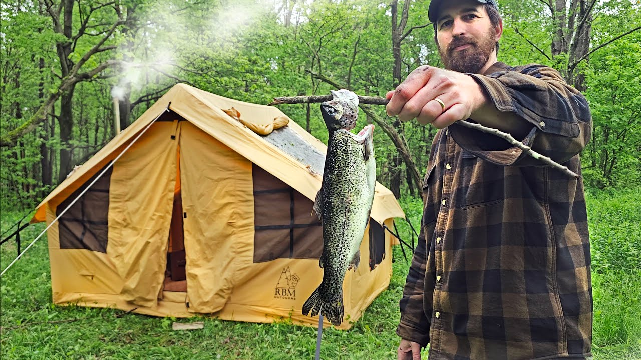 Camping and Fishing in the Rain & Wind in the RBM Panda Medium Inflatable Tent