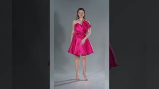 Fuşya Straplez Kısa Saten Mezuniyet Elbisesi Abk2510