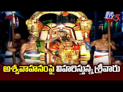అశ్వవాహనంపై విహరిస్తున్న శ్రీవారు | Ashwa Vahana Seva In Tirumala Brahmotsavam || TV5 News - TV5NEWS