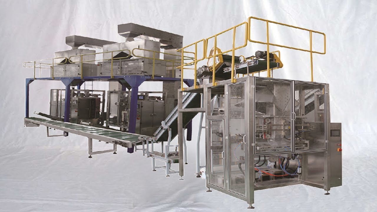 salt bags secondary packaging line fully automatic small bag into big woven one bagging 二次包裝食鹽輸送線