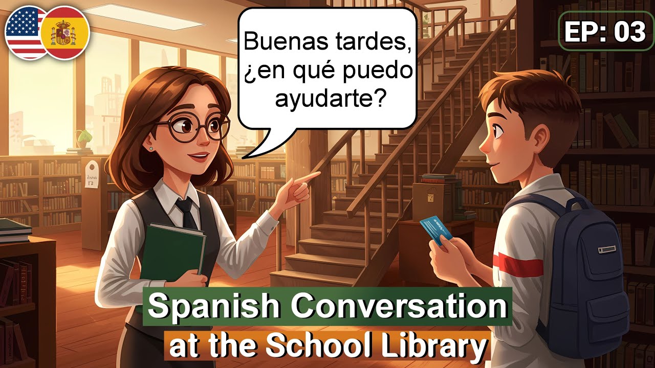 Spanish Conversation Practice - At the School Library (Beginner Dialogue)