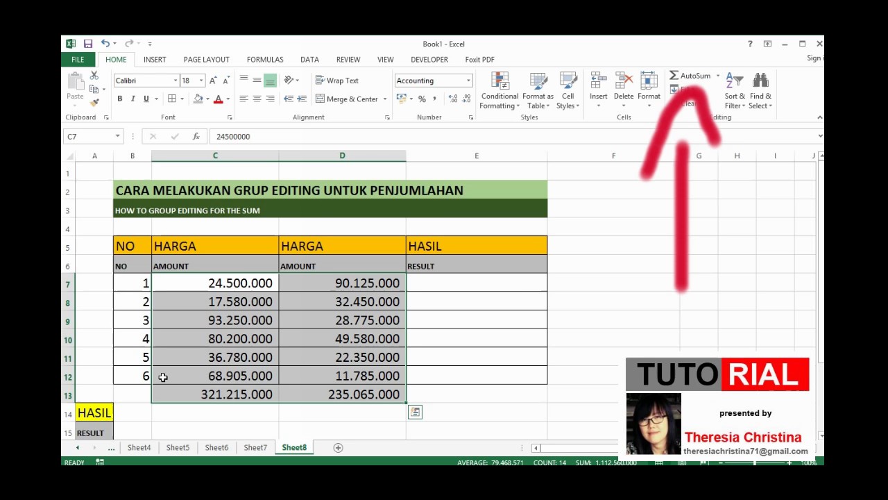 excel 2013 - cara menggunakan group editing utk penjumlahan 