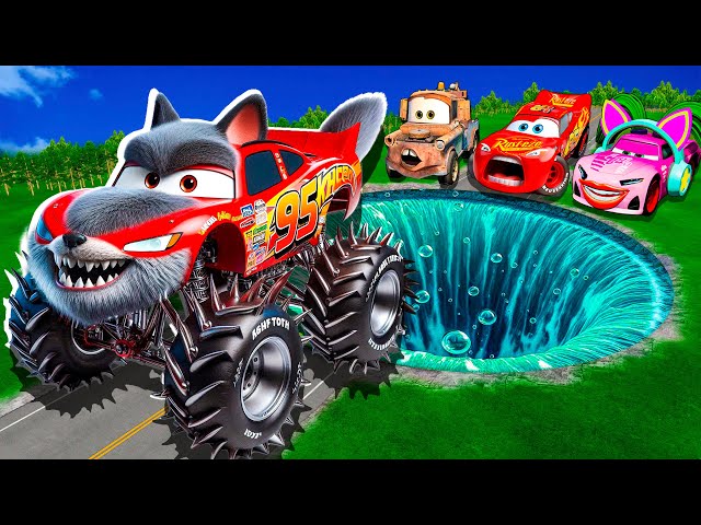 Rainbow Pit Transform In Big & Small:McQueen Wolf & Tow Mater vs