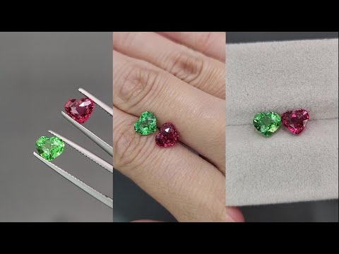 Contrasting pair of tsavorite and spinel in heart shape 3.00 carats, Tanzania Video  № 1