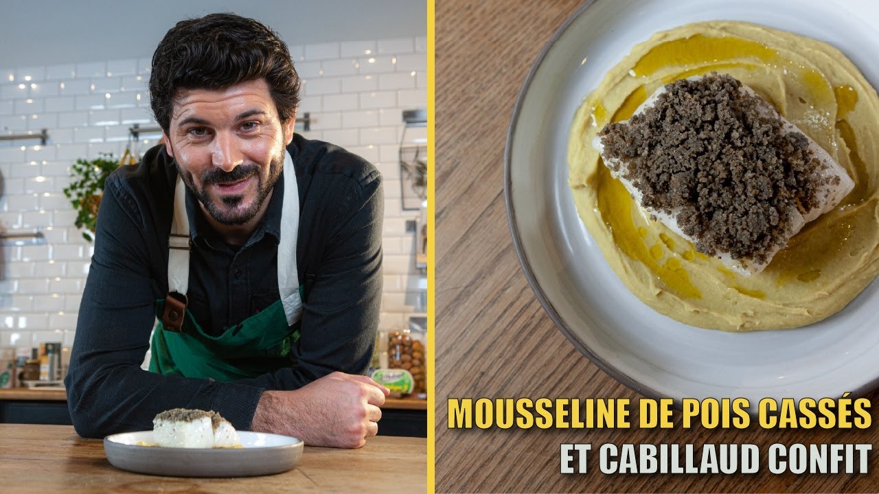 Mousseline de pois cassés, cabillaud confit, crumble encre de seiche