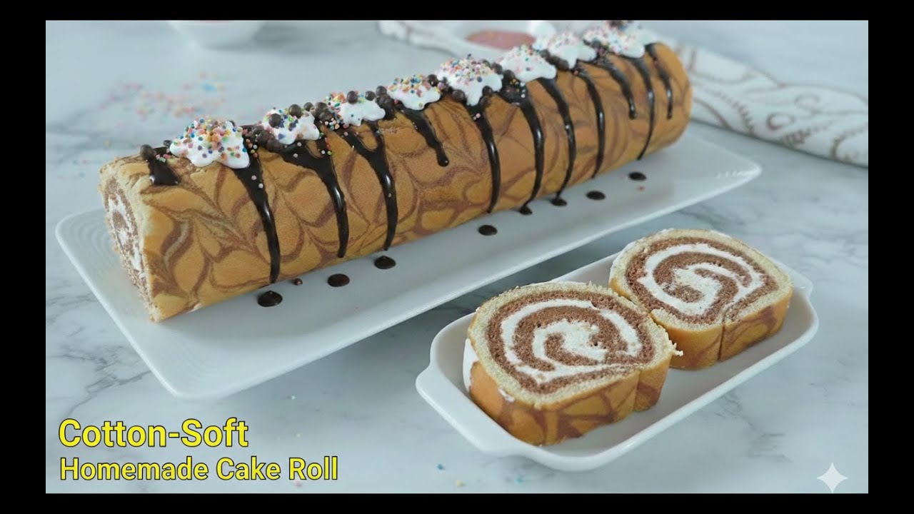 Homemade Marble Roll Cake | Soft & Delicious