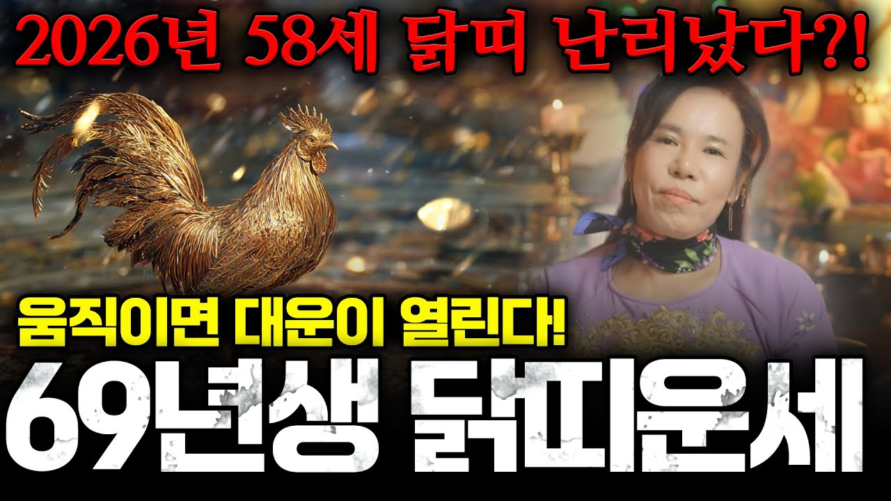 닭띠 큰일났다!! 2026년 병오년 1969년생 58세 기유생 닭띠운세! 움직인다면 대운과 재복이 열려 말년에 대박난다! 69년생 닭띠 평생의 운세와 2026년 58세 초대박 운세