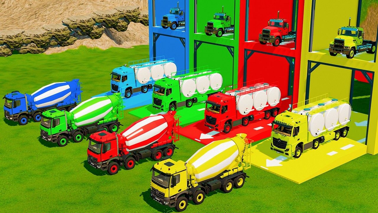Garage with Colors - ALL MIXER TRUCK WITH DOUBLE FLATBED TRAILER TRUCK, MACK, MERCEDES, FREIGHTLINER