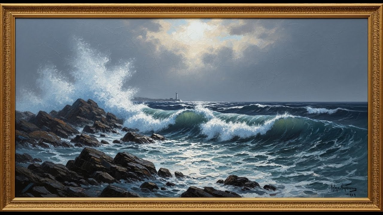 Frame TV Art with Music Stormy Sea Coastal Landscape | Digital Canvas Wallpaper | New England