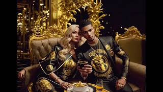 he and she in black and gold Versace clothes and an expensive luxurious interior with gold, in the s