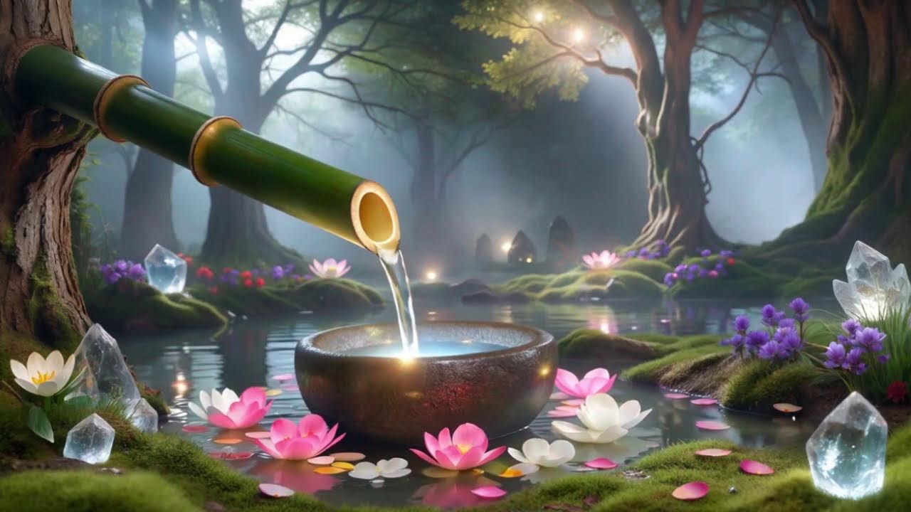 Deep Relaxation Music with Bamboo Water Flow and Soft Piano Sounds