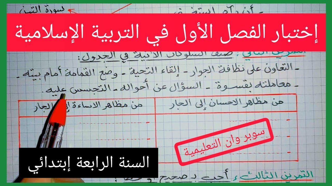 إختبار الفصل الأول في مادة التربية الإسلامية السنة الرابعة إبتدائي