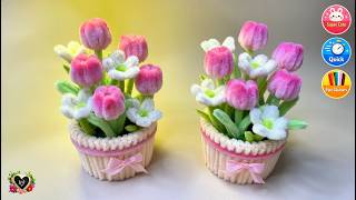 How to Make a Beautiful Mini Tulip & Daisy Pot with Fuzzy Wire 🌷🌼Easy Flower Craft