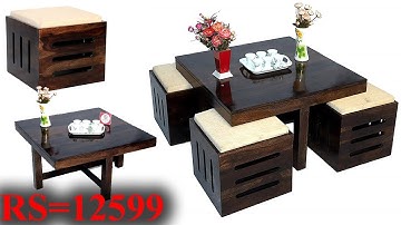 New model Sheesham Wood Center Coffee Table with 4 Stool for Living Room Walnut Finish  ₹ 12,599