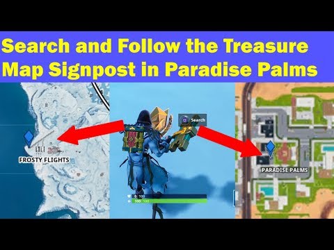 Video: Fortnite Paradise Palms Treasure Map Wegwijzerlocatie Uitgelegd