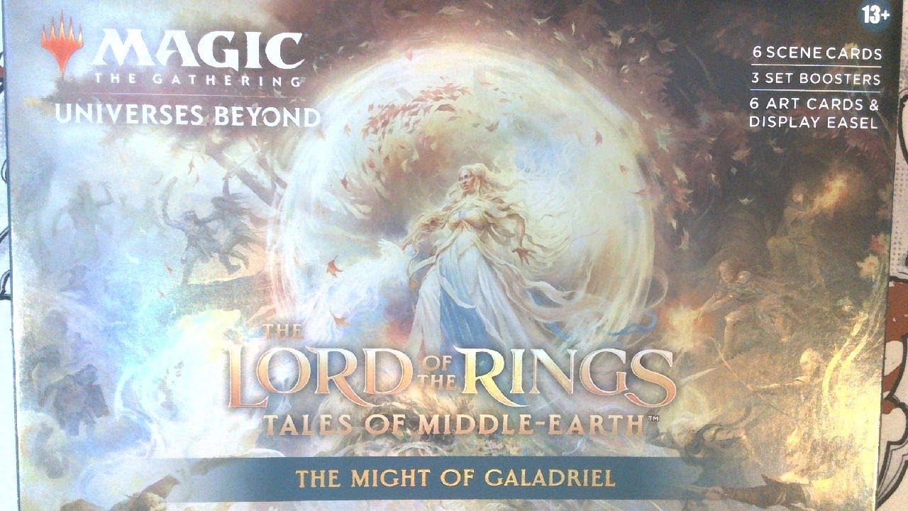 Magic The Gathering The Lord of The Rings: Tales of Middle-Earth Scene Box  - The Might of Galadriel (6 Scene Cards, 6 Art Cards, 3 Set Boosters +