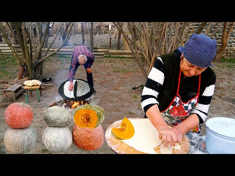 Grandma cooked Traditional Azerbaijani Pumpkin Qutabs in the Village
