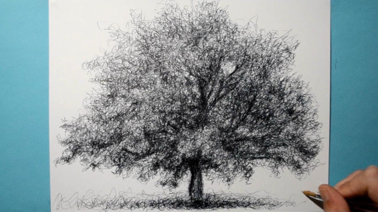 Ballpoint Pen Drawing of a Realistic Tree / Scribble Art Therapy / Day ...