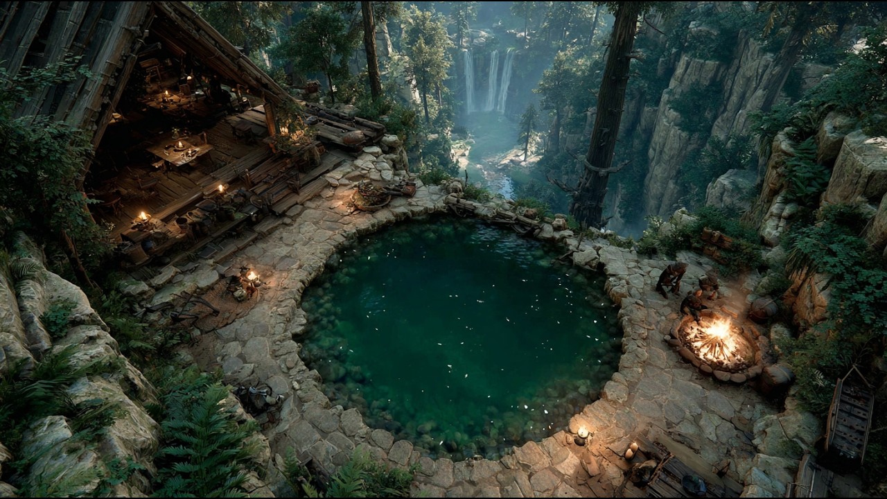 The Cliffside Retreat of the Emerald Pool | Medieval Fantasy Music & Animated Ambience
