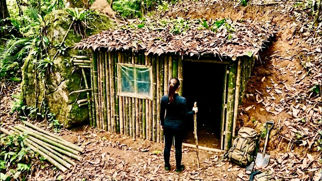 The girl built a shelter and survived in the wilderness. - YouTube