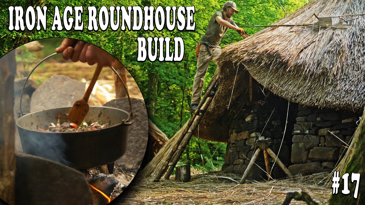 Medieval Bushcraft Vibes in the Woods | venison stew, reed thatch house ...