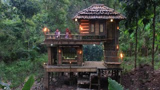 Building MultiStory Bamboo House in Heavy Rain with Thunder Overnight Comfortably in Elevated House