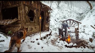 Winter Camping 3 Days at a Mountain Hut In Forest-Cooking with Campfire in Heavy Snowstorm