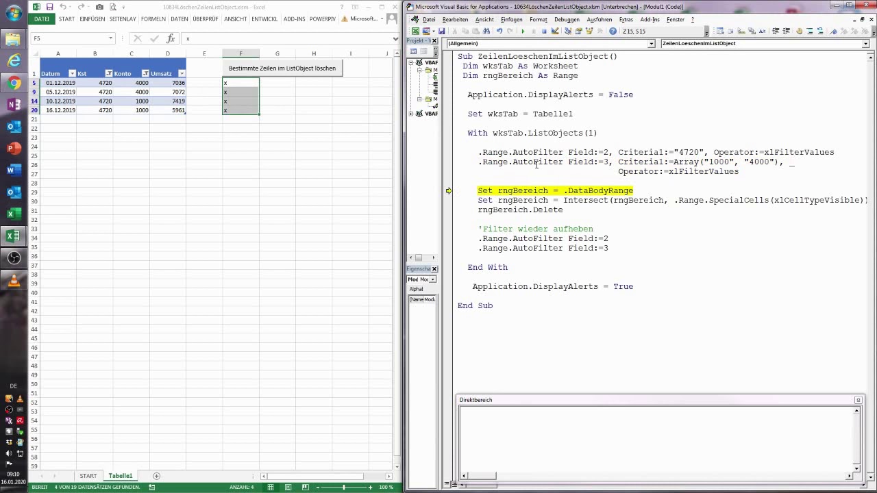 New 0068. Excel-VBA: Bestimmte Zeilen aus einem ListObject entfernen