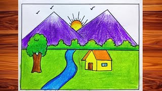 Scenery Drawing|How to draw Beautiful Landscape Scenery| Village Scenery Drawing Easy| Scenery 