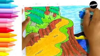 Mudahnya menggambar dan mewarnai pemandangan tebing yang sederhana